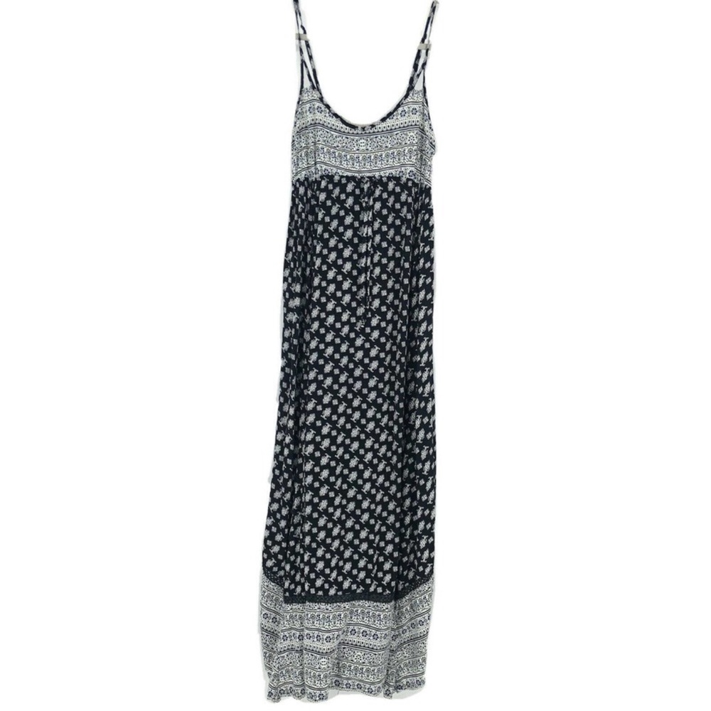 American Eagle Maxi Dress Navy Blue White Mixed Pattern Boho Smocked sz XS